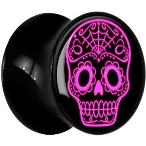   Black Acrylic Pink Sugar Skull Art Saddle Plug Body Candy Jewelry