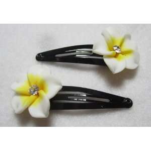  White and Yellow Fimo Clay Plumeria Snap Clips   Pair 