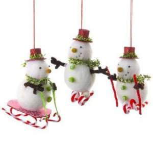 Set of 3 Felt Retro Snowmen Ornaments Skiing Sledding Skates  