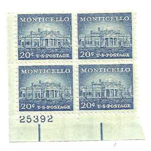 1954 Liberty Issue Monticello, Thomas Jeffersons Home   20c (Block Of 