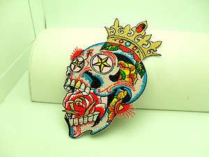 MED DAY OF THE DEAD SKULL CROWN ROCKABILLY IRON ON PATCH  