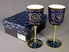 SOLID BRASS PR. CHALICE/WINE GOBLETS HAND PAINTED BLUE & GOLD ENAMEL 