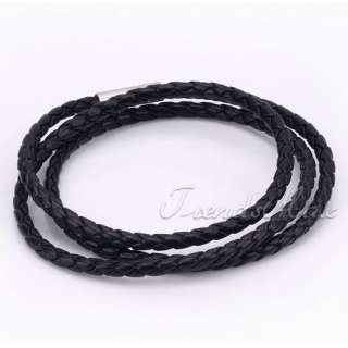 Black Rope Leather & Stainless Steel Necklace Chain Bracelet Fashion 
