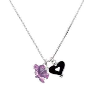  Purple Hibiscus Flower and Black Heart Charm Necklace 