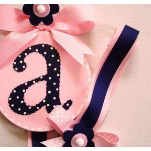 hand painted round wall letter hair bow holder   navy pink  