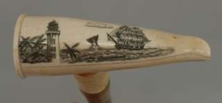   Stick Cane   Carved & Etched Bone Handle   Scrimshaw   Ships & Whaling