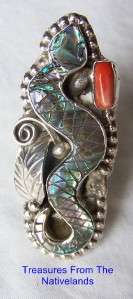 GORGEOUS~STERLING SILVER~ABALONE INLAY~CORAL~SNAKE~RING~BY FRANCISCO 
