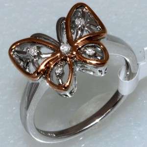 Sterling silver and 14k pink gold diamond butterfly shape ring. Size 7 