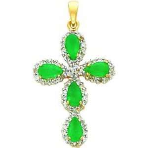   14 karat yellow gold genuine diamond and emerald cross charm: Jewelry
