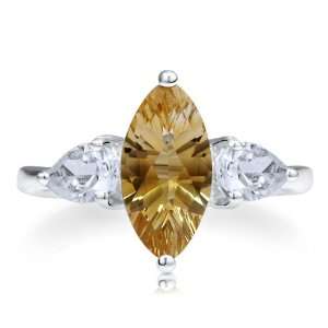 Sterling Silver 925 Marquise Cut Natural Citrine Gemstone 3 Stone Ring 