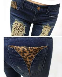 Leopard Lined Blue Skinny Jeans, Distressed Ripped Destroyed, UK 6,8 