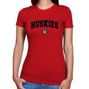  NCAA Northeastern Huskies Ladies Red Logo Arch Slim Fit T 