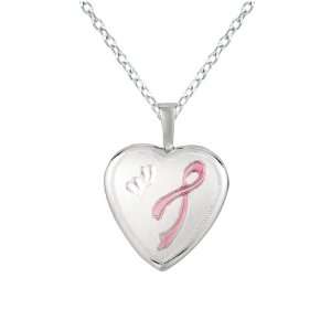   Sterling silver Heart Shaped Locket w/ Pink Ribbon Necklace Jewelry