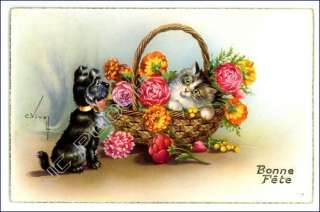 vintage postcard adorable cat & dog w basket of flowers  