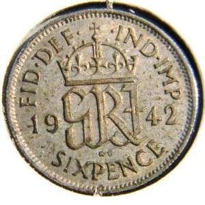 GREAT BRITAIN/United Kingdom, George VI: WW II era 1942 silver 6 Pence 