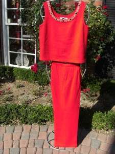 St John Evening 3 Piece Red Gold Mirror Embellished Pant Suit Sz10 