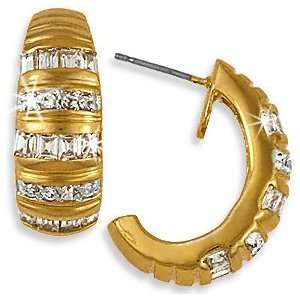  24k Gold GF CZ Simulated Diamond Baguette Hoop Earrings 