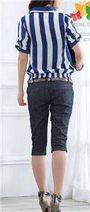 Classy stripe smocked waist design blouse Tee top shirt  