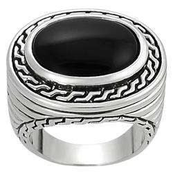 Silvertone Oval cut Created Black Agate Greek Key Ring  Overstock