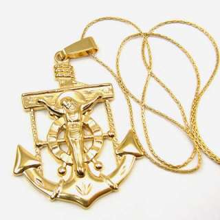 18K GOLD GP SOLID CROSS ANCHOR HELM PENDANT 24 CHAIN  