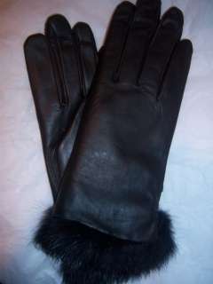 Empress Rabbit Fur Lined Leather Gloves, Brn  