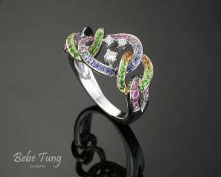 18K750 White Gold Sapphire Tsavorites Diamonds Ring  