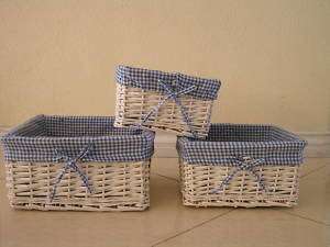 Set of 3 Nesting White Wicker Storage Baskets w/Lining Baby Gift 
