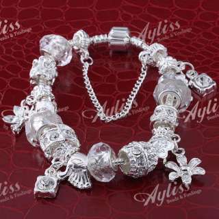 Silver Plate White European Beads Charm Chain Bracelet  