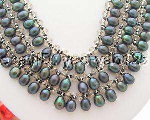 Stunning! 3Strds Black Pearl&Crystal Necklace  