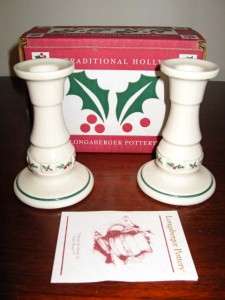   Longaberger Pottery Traditional Holly 5 Candlesticks   2 candlesticks