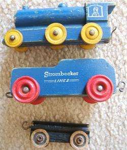 Vintage STROMBECKER LINES 3 Piece WOOD TRAIN SET with LOCOMOTIVE 