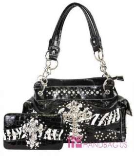 Western Patent Zebra Bling CROSS Pocket Tote Bag Handbag Purse Wallet 
