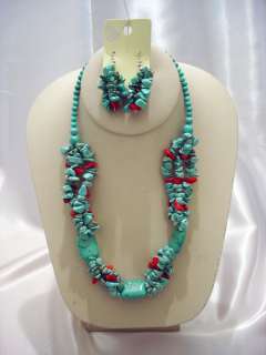   Natural Turquoise and Coral Handmade Necklace Earrings Set #001  