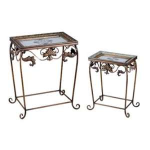   of 2 Decorative Flowing Scroll Leg Mirror Top Tables