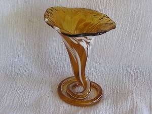 Vintage Handmade Blown Art Glass Vase Brown White Fluted Top Swirl 