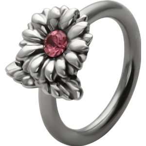    Captive Bead Ring w/ Rose Pink CZ Gem Flower Charm Jewelry