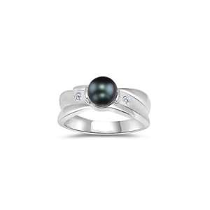  0.04 Cts Diamond & Tahitian Pearl Ring in 14K White Gold 6 