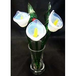 NEW Hand Blown Glass White Calla Lily Flowers & Leaves Set with Vase 