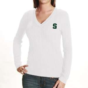   Michigan State Spartans Ladies White Jenny Cable Knit V Neck Sweater