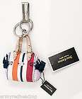 NEW JUICY COUTURE STRIPED CANVAS DAY DREAMER SILVER KEY CHAIN PURSE 