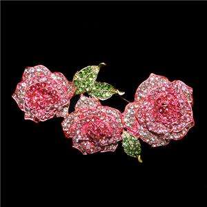 Flower 3 Rose Leaf Brooch Pin Swarovski Crystal Enamel  