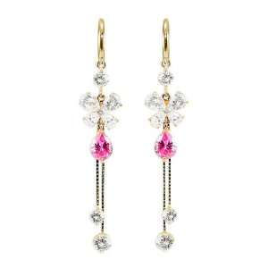 14k Yellow Gold, Long Large Drop Earring with Pink & Brilliant Created 