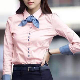 New Womens Clothes Contrast Collar Cuff Button Detail Top Shirt 