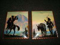 Vintage Reverse Painted Silhouette Indian Cowboy Horse Mountain 
