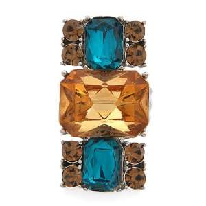   Large Silvertone Topaz and Teal Crystal Stretch Fashion Ring: Jewelry