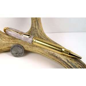  Deer Antler 338 Mag Rifle Cartridge Pen With a Gold Finish 