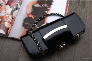 Black Kiss Lock Patent Leather Chain Clutch Evening Bag  