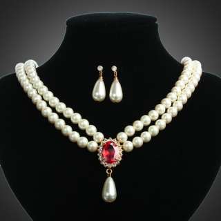 ARINNA pearls crystals ruby BIB necklace earrings Set  