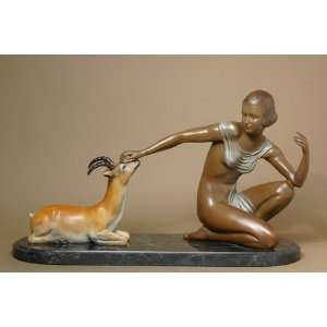 Girl & Impala Art Deco Bronze Sculpture