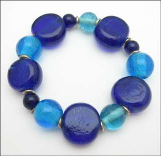 ALL GLASS BEADS in SHADES of BLUE Vintage BRACELET, Elastic Cord 